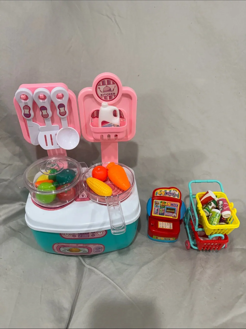 Kids Pretend Play Kitchen and Shopping Set with Pink and Teal Accessories